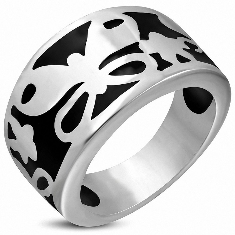 Bague en forme de dôme en forme de dôme à papillon en forme de fleur en émail noir en acier inoxydable