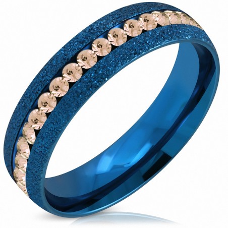 6mm | Bague en acier inoxydable avec sablage ChannelSet Eternity Comfort Fit en acier inoxydable anodisé bleu avec topaze CZ