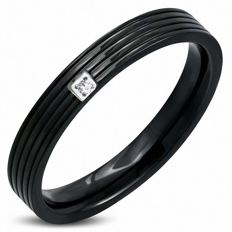 3.5mm | Bague à ajustement confortable avec rayures rainurées en acier noir avec cZ transparent