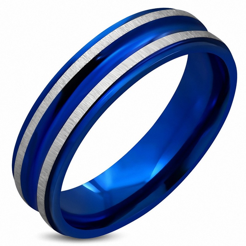 6mm | Bague de bande de coupe confortable à rayures rainurées satiné en acier inoxydable anodisé bleu