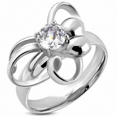 Bague fantaisie en forme de fleur avec ajustement confortable en acier inoxydable avec CZ transparent