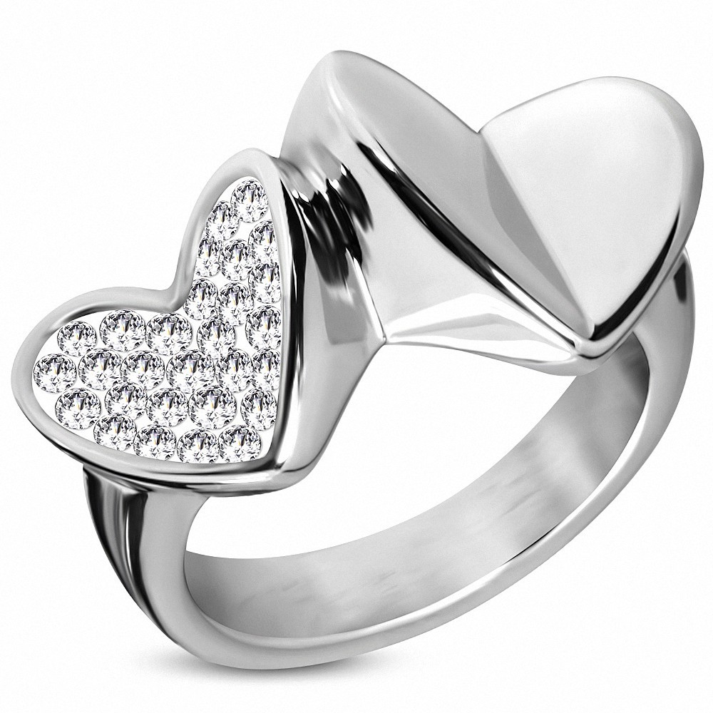 Bague de cocktail en forme de coeur à double amour géométrique en acier inoxydable avec CZ transparent