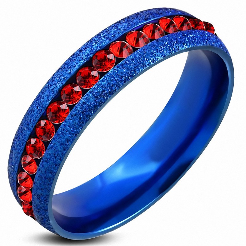 6mm | Bague en acier inoxydable bleu sablé ChannelSet Eternity Comfort Fit avec rouge siam CZ