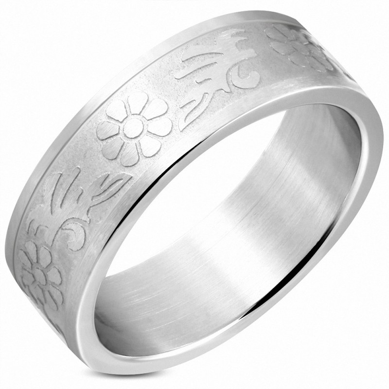 8mm | Bague de bande de mariage plat fleur de vigne de fleur en acier inoxydable mat