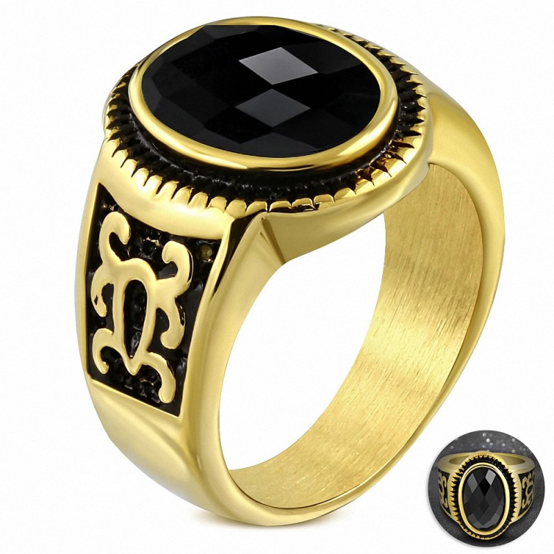 Bague de motard ovale bicolore damier en acier inoxydable plaqué de couleur d'or avec ongles noirs