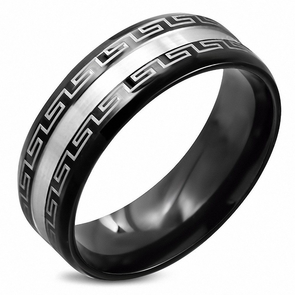 8mm | Bague demi-ronde ronde en acier inoxydable noir à rayures ton sur ton avec clé grecque noire