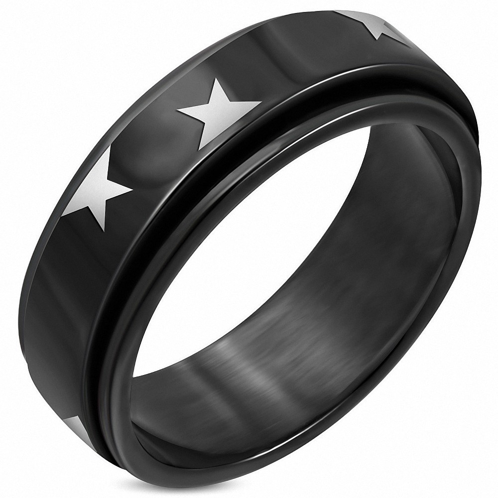 8mm | Bague à plat en acier inoxydable noir avec deux étoiles