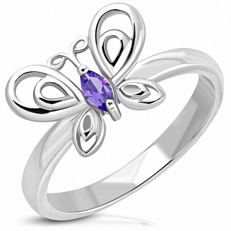 Bague fantaisie papillon en acier inoxydable avec violet clair CZ