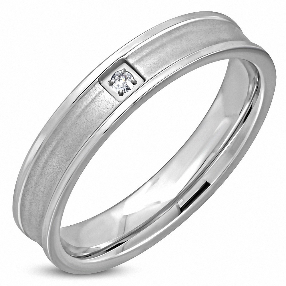 4mm | Bague en alliage plat de mariage de forme confortable, fini mat, acier inoxydable, clair, CZ