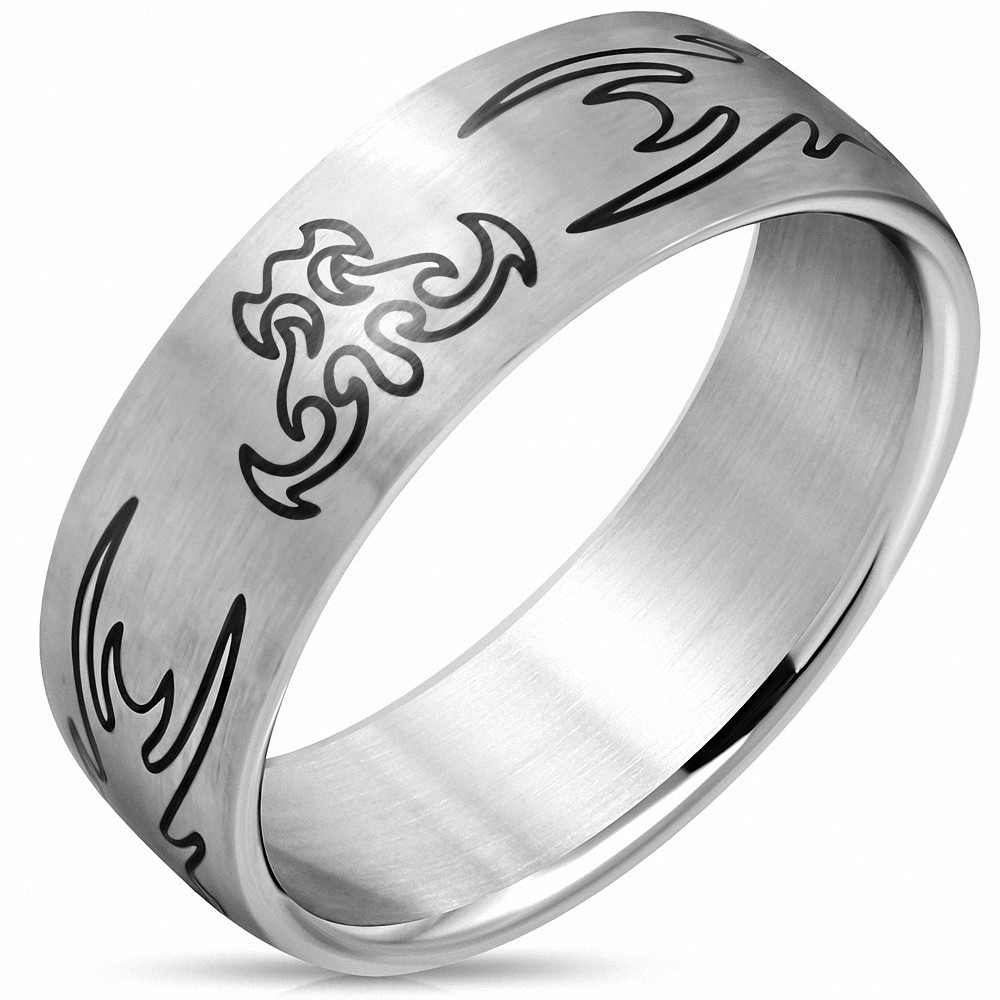 8mm | Bague demi-ronde demi-ronde araignée tribale finie en acier inoxydable, matte 2 tons