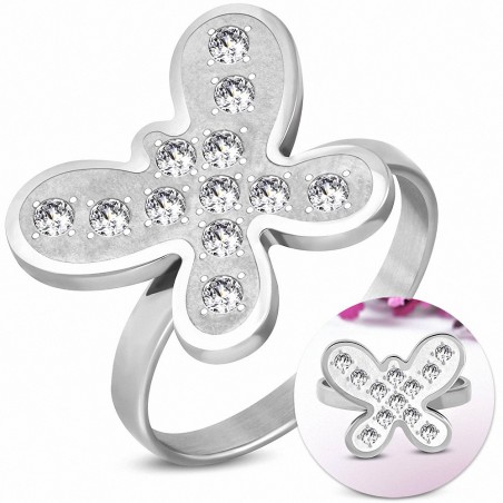 Bague fantaisie papillon PaveSet en acier inoxydable avec CZ transparent