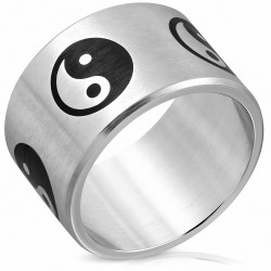 Ytone YinYang / Le symbole Tao / Bague large bande plate en acier inoxydable avec finition matte