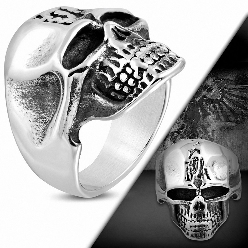 Bague de motard avec tête de mort fantôme en acier inoxydable 2 tons