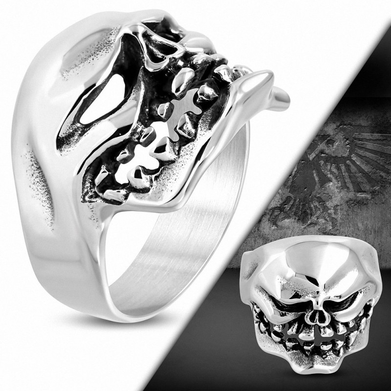 Bague de motard avec crâne de zombie en acier inoxydable à 2 tons