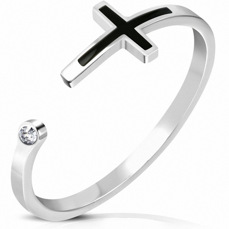 Bague ouverte en acier inoxydable avec croix latine à deux tons avec cz transparent