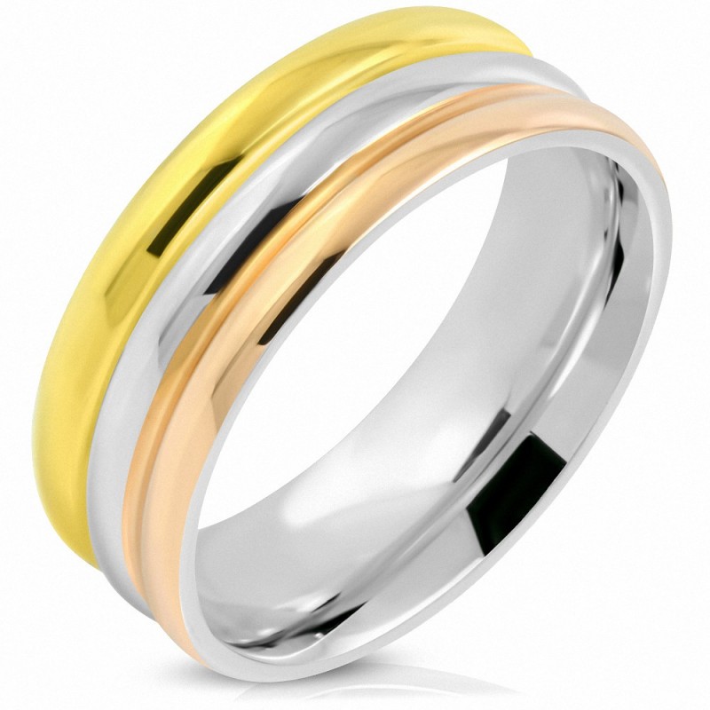 8mm | Bague de mariage demi-ronde à rayures rainurées tricolores en acier inoxydable, coupe confortable