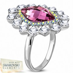 Bague fantaisie fleur ovale en cuivre avec placage de platine et cristaux améthystes à facettes claires et claires