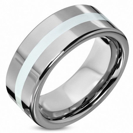 8mm | Bague à ajustement confortable, coupe ajustée, rayure blanche émaillée en carbure de tungstène