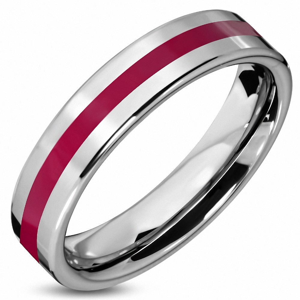 6mm | Bague à ajustement confortable avec bande rayée rouge émaillée au carbure de tungstène