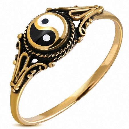 YinYang en émail à la mode / Le symbole Tao / Bague en bronze à queue de vigne