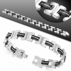 Bracelet en acier inoxydable avec maillons en caoutchouc noir à deux tons  alphabet C