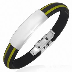 Bracelet 3 tons en caoutchouc noir à rayures vert citron avec montre d'identité à graver en acier inoxydable