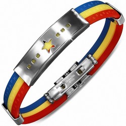 Bracelet en caoutchouc rouge jaune et bleu à rayures de clé grecque avec montre en forme d'étoile à découpes acier inoxydable