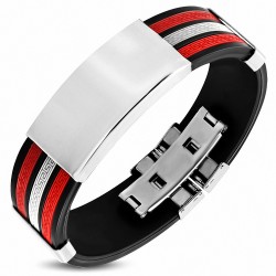 Bracelet caoutchouc noir rayures clés grecques blanches/rouges et plaque gravable en acier inoxydable fermetue à clips