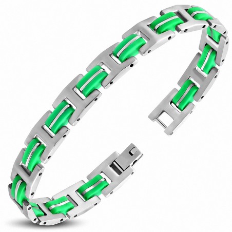 Bracelet à maillons panthère en acier inoxydable avec caoutchouc vert 374