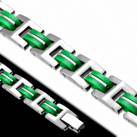 Bracelet à maillons panthère en acier inoxydable avec caoutchouc vert 374