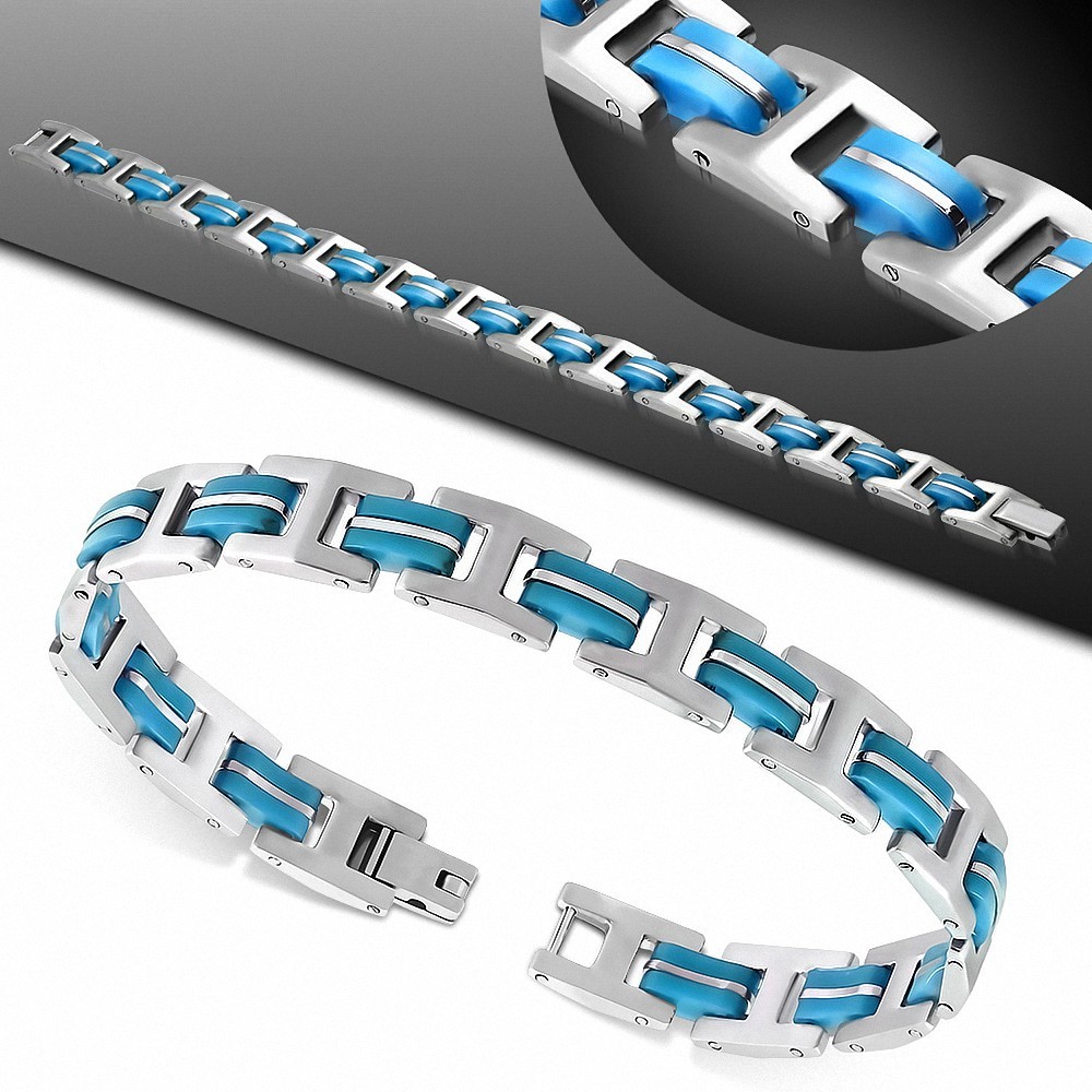 Bracelet à maillons panthère en acier inoxydable avec caoutchouc bleu  377