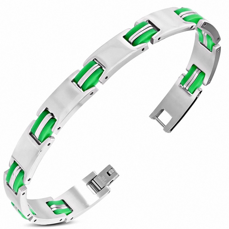 Bracelet à maillons panthère en acier inoxydable avec caoutchouc vert 417