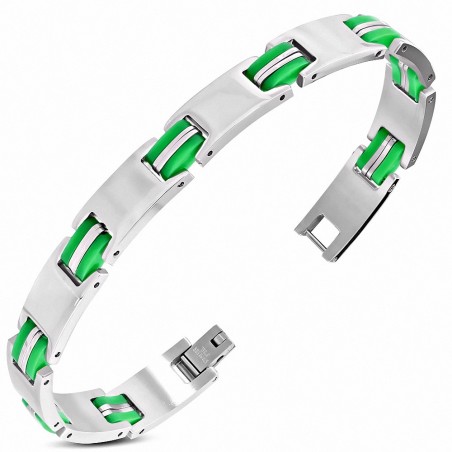 Bracelet à maillons panthère en acier inoxydable avec caoutchouc vert 417