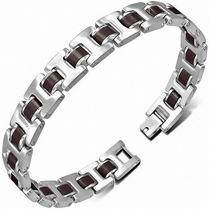 Bracelet à maillons panthère en acier inoxydable avec caoutchouc brun423