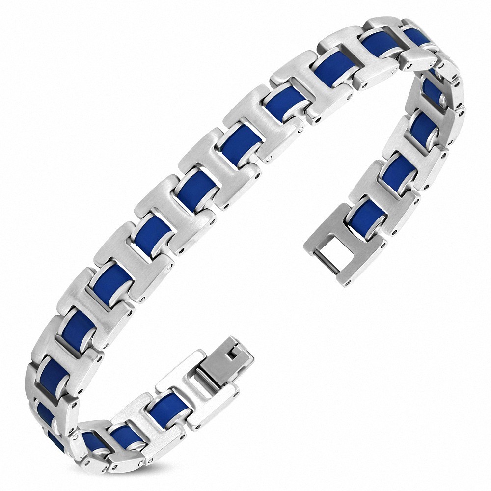 Bracelet à maillons panthère en acier inoxydable avec caoutchouc bleu 425