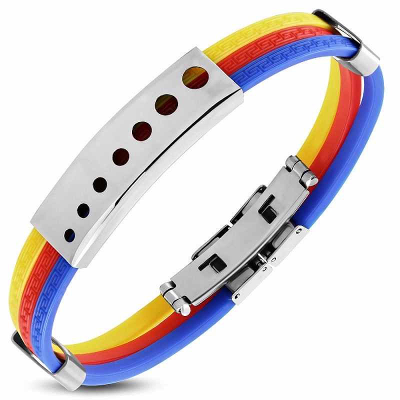 Bracelet en caoutchouc jaune à rayures bleues et bleues avec montre en cercle à 4 tons en acier inoxydable