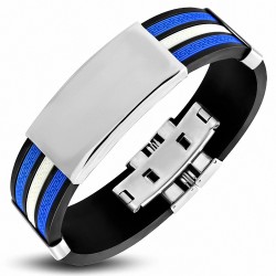Bracelet en caoutchouc noir à rayures bleues et à clés grecques avec montre de style à graver en acier inoxydable de 4 tons