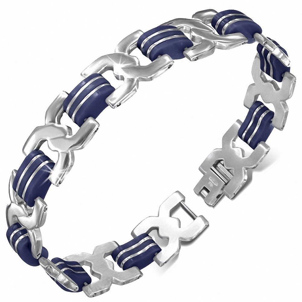 Bracelet à maillons en acier inoxydable avec maillons celtiques à deux tons en caoutchouc bleu royal