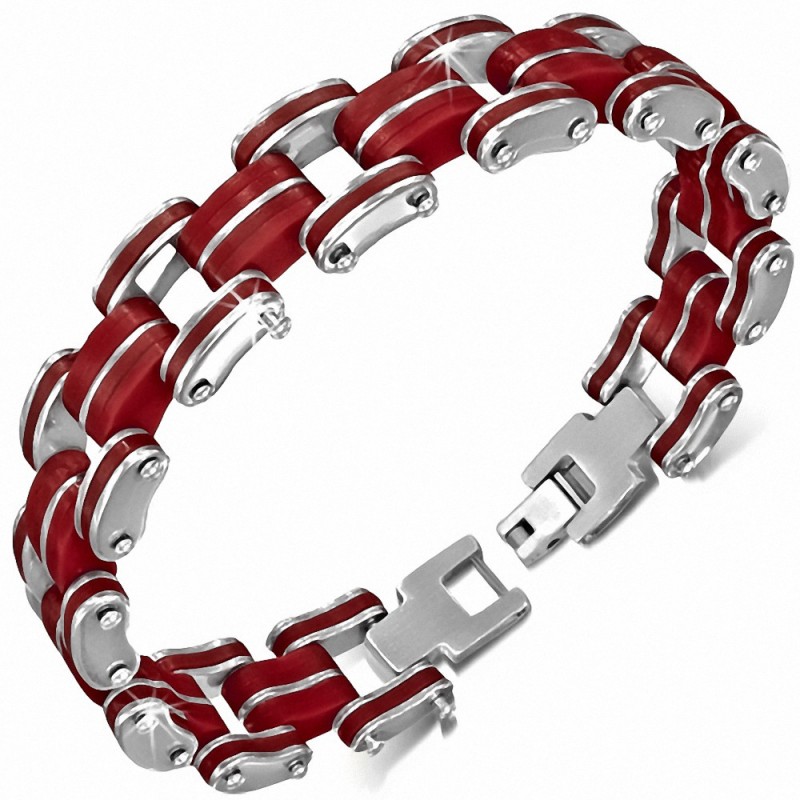 Bracelet à maillons  hommes en acier inoxydable avec caoutchouc rouge 446
