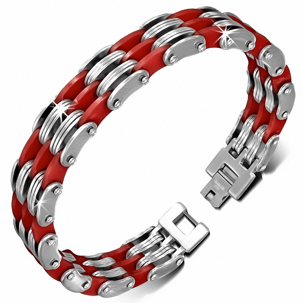 Bracelet à maillons  hommes en acier inoxydable avec caoutchouc rouge 460