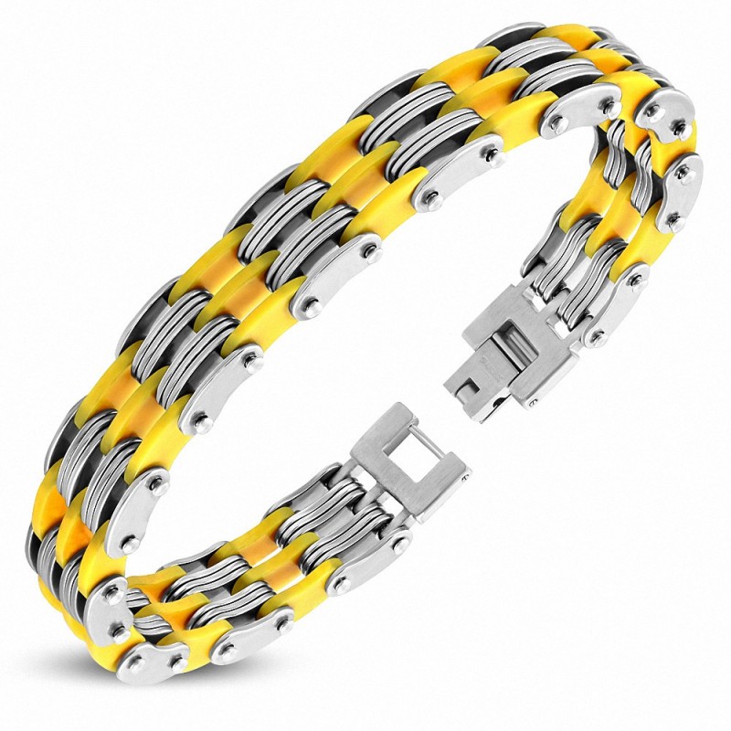 Bracelet à maillons  hommes en acier inoxydable avec caoutchouc jaune 464