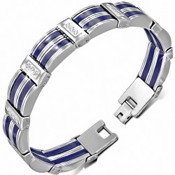 Bracelet à maillons en acier inoxydable avec clé grecque 2 tons en caoutchouc bleu royal