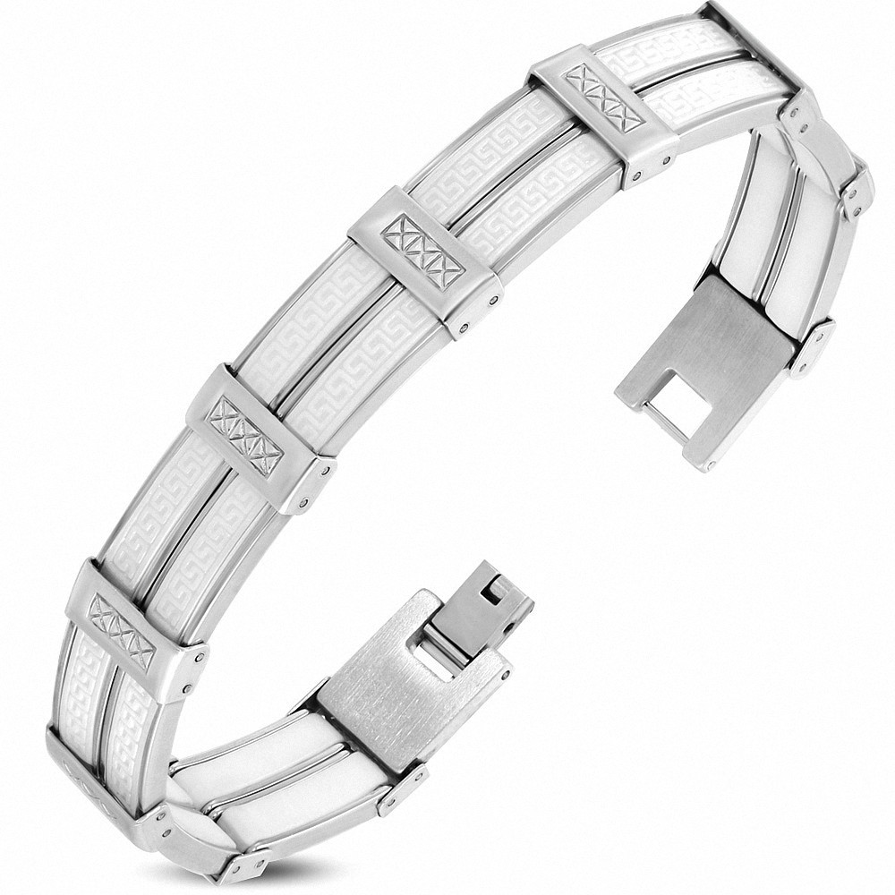 Bracelet à maillons Panthère grecque en acier inoxydable avec 2 tonalités de caoutchouc blanc