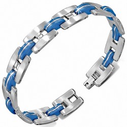 Bracelet à maillons en H en acier inoxydable avec caoutchouc bleu 2 tons