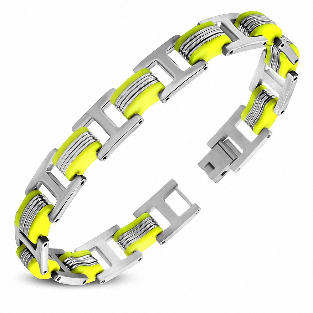 Bracelet à maillons en H en acier inoxydable avec caoutchouc jaune 2 tons