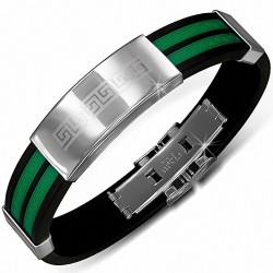 Bracelet en caoutchouc noir rayé de clé grecque verte avec montre en acier inoxydable
