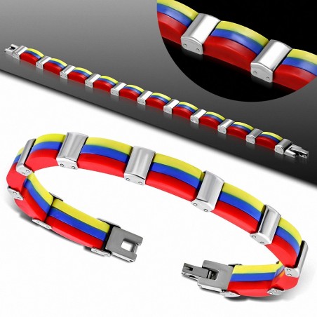 Bracelet à maillons panthère 3 tons en acier inoxydable avec caoutchouc jaune bleu rouge