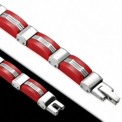 Bracelet à maillons en acier inoxydable avec caoutchouc rouge  panthère