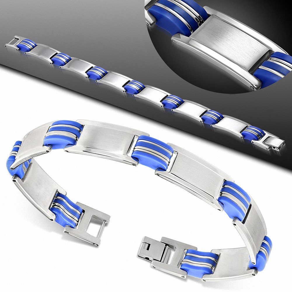 Bracelet à maillons en acier inoxydable avec caoutchouc bleu