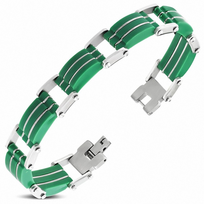 Bracelet à maillons en acier inoxydable avec caoutchouc vert